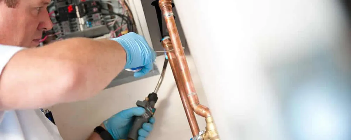 Water heater repair technician testing copper pipe connections and controls in Orlando, FL
